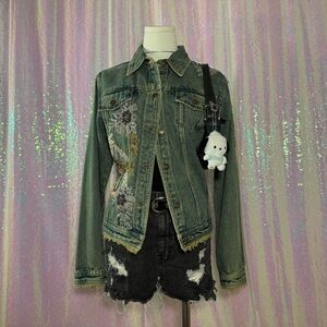 faded denim embroidered and beaded floral denim jacket